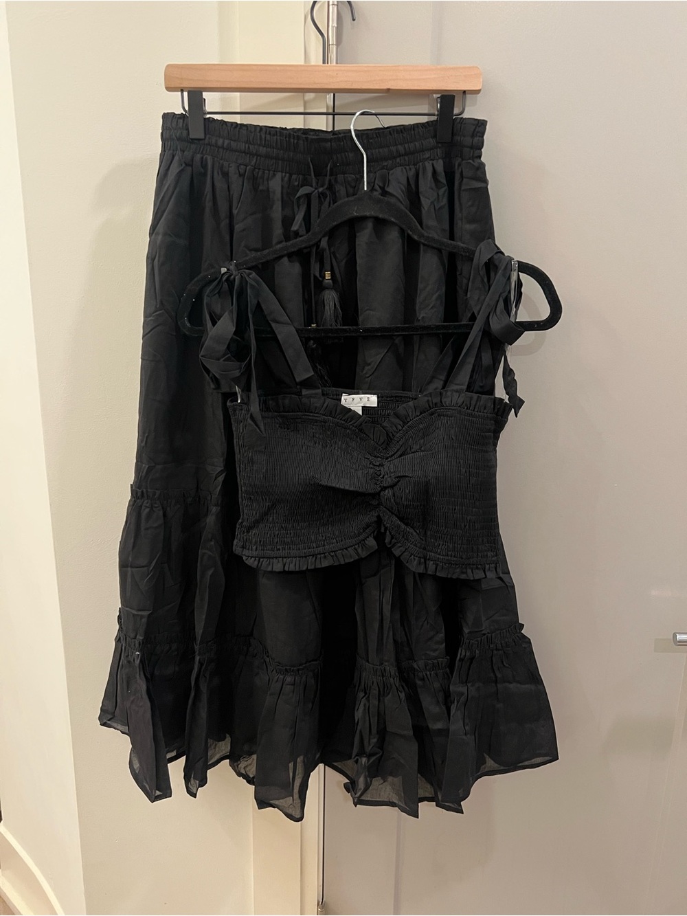 HYFVE Black Tiered Maxi Skirt with Smocked Tie-Shoulder Crop Top Set